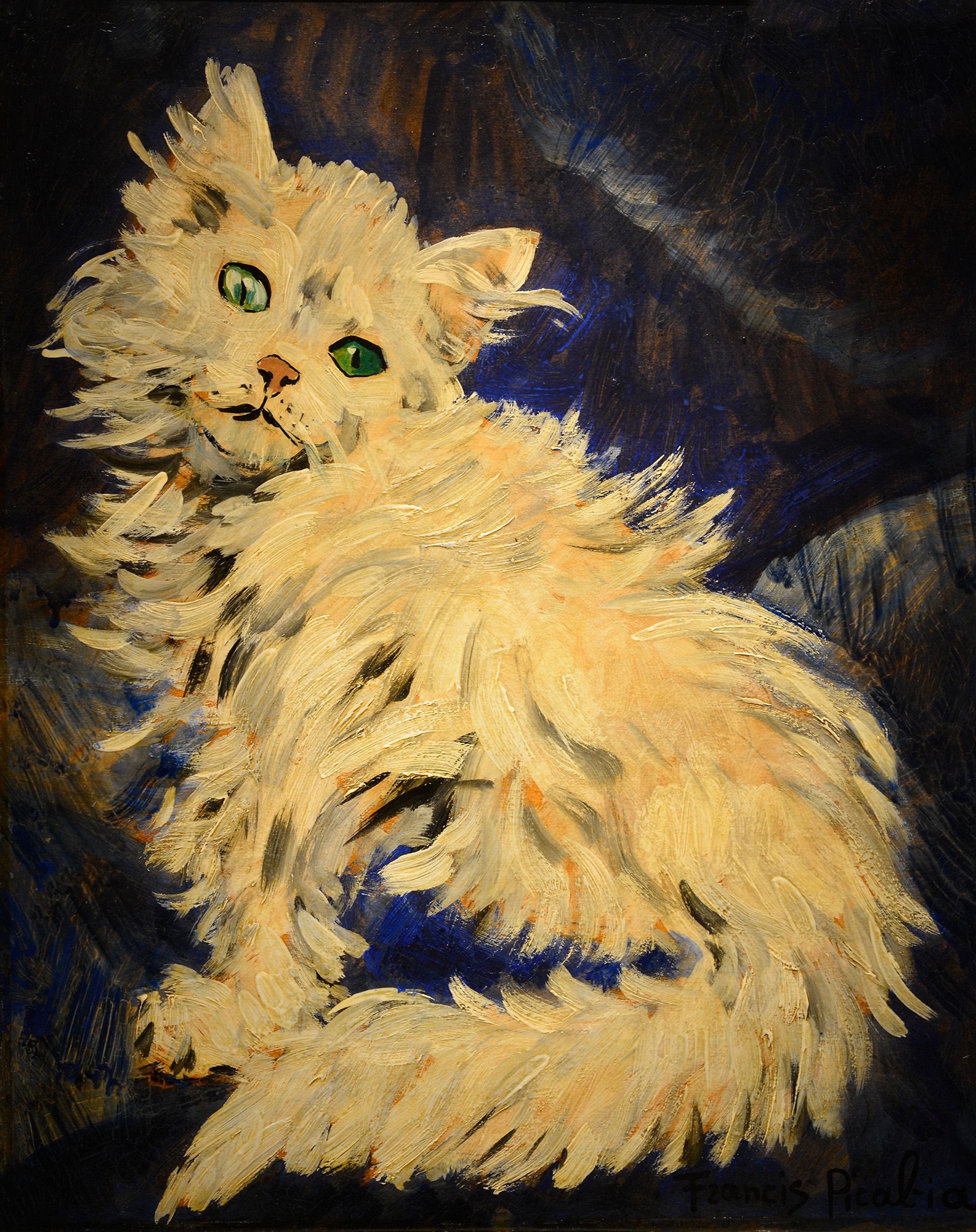 Francis PICABIA Le chat blanc, vers 1940-1943 Crayon et huile sur cardboard 47,5 x 39 cm Signé en bas à droite copie.jpg
